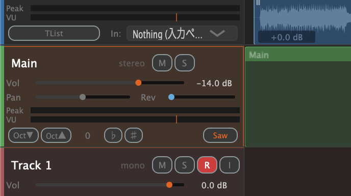 A MIDI track header with octave and semitone up/down buttons, a tone selector, and the Rev reverb slider