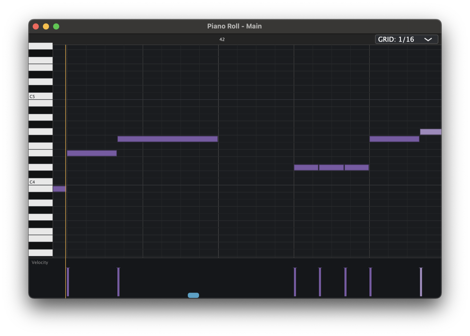 Utawave のピアノロール。グリッドに沿って音符を並べ、下段でベロシティを調整している画面