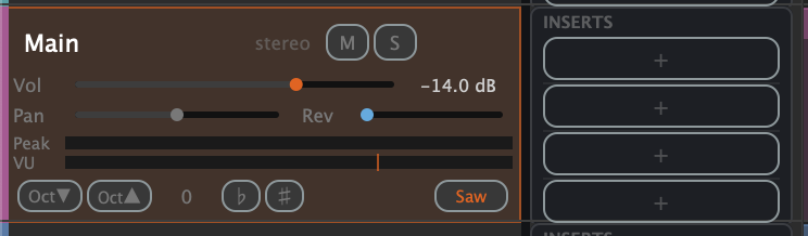 読み込んだ MIDI トラックと、波形ボタン（Sin/Saw/Sqr）で音色を切り替えるトラックヘッダ